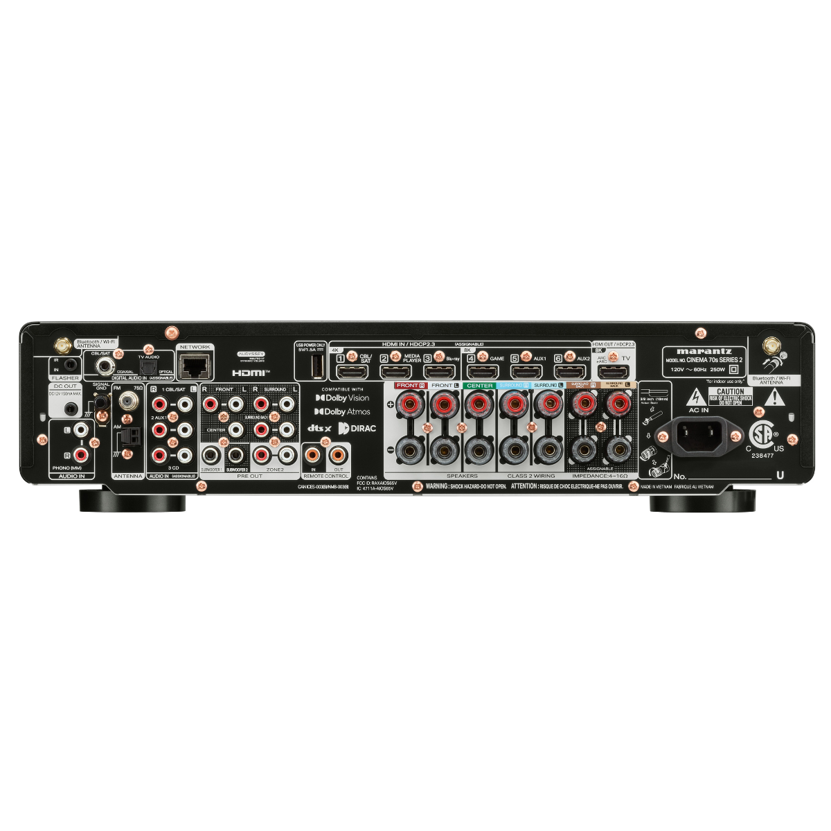 Marantz Cinema 70s Series 2 AV receiver rear panel showing 7 HDMI inputs, HDMI output, speaker terminals, phono input, pre-outputs, and network connections