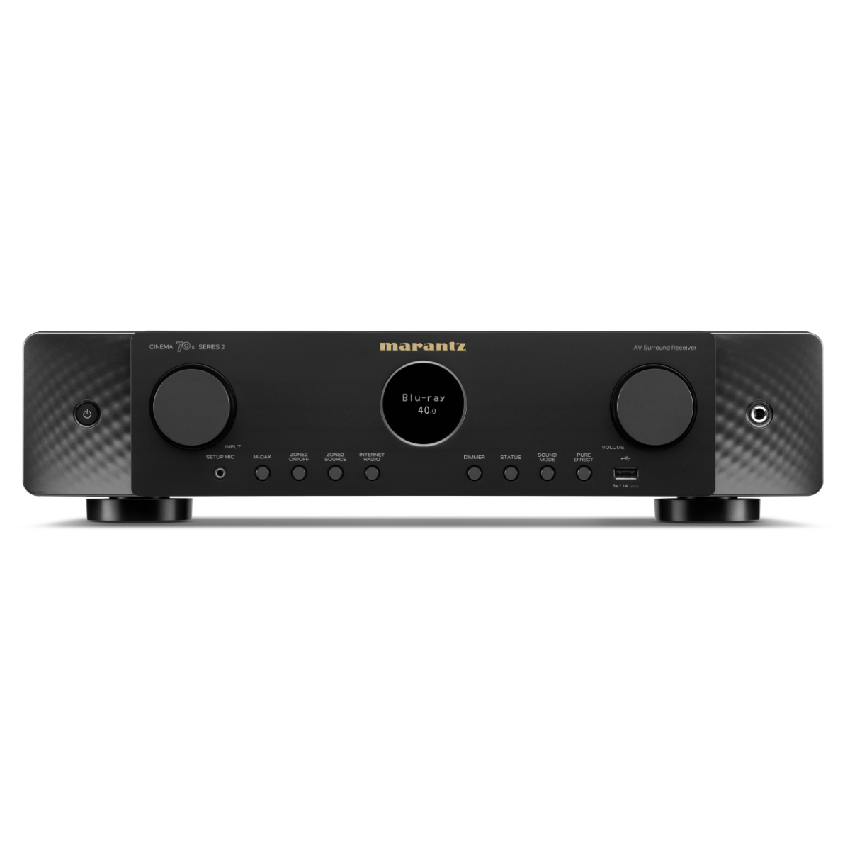 Marantz Cinema 70s Series 2 AV receiver front panel in black with circular OLED display and dual control knobs