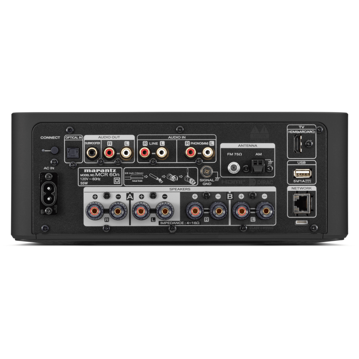 Marantz MCR 60n rear panel showing speaker terminals, phono MM input, line input, subwoofer output, HDMI eARC, optical input, USB, and network port