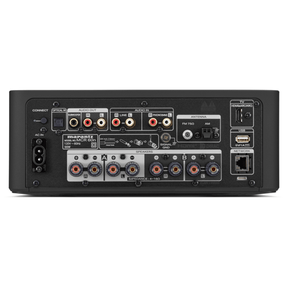 Marantz MCR 60n rear panel showing speaker terminals, phono MM input, line input, subwoofer output, HDMI eARC, optical input, USB, and network port