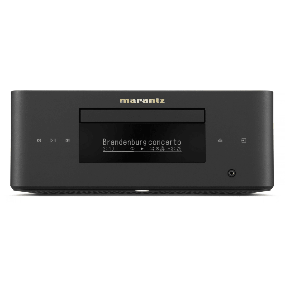 Marantz MCR 60n streaming receiver front panel in black with CD slot, OLED display, and touch controls