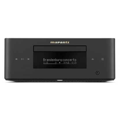 Marantz MCR 60n streaming receiver front panel in black with CD slot, OLED display, and touch controls