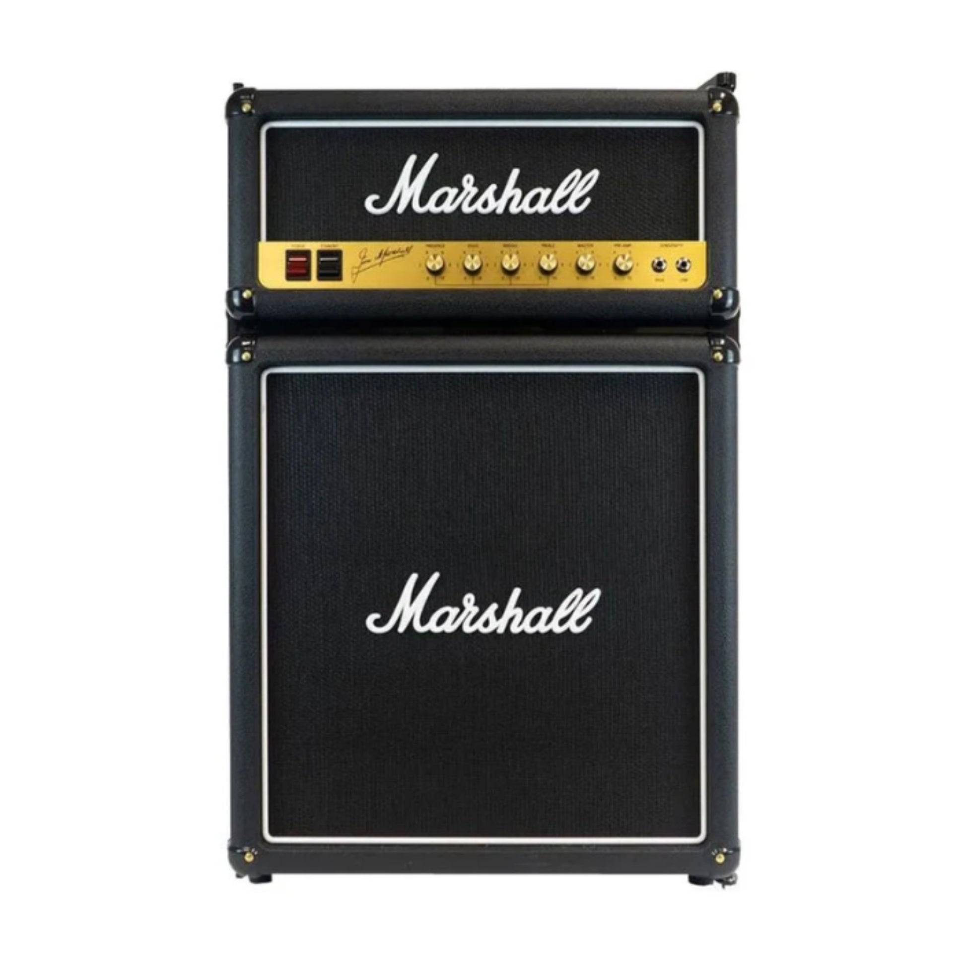 front view of marshall amp inspired mini fridge