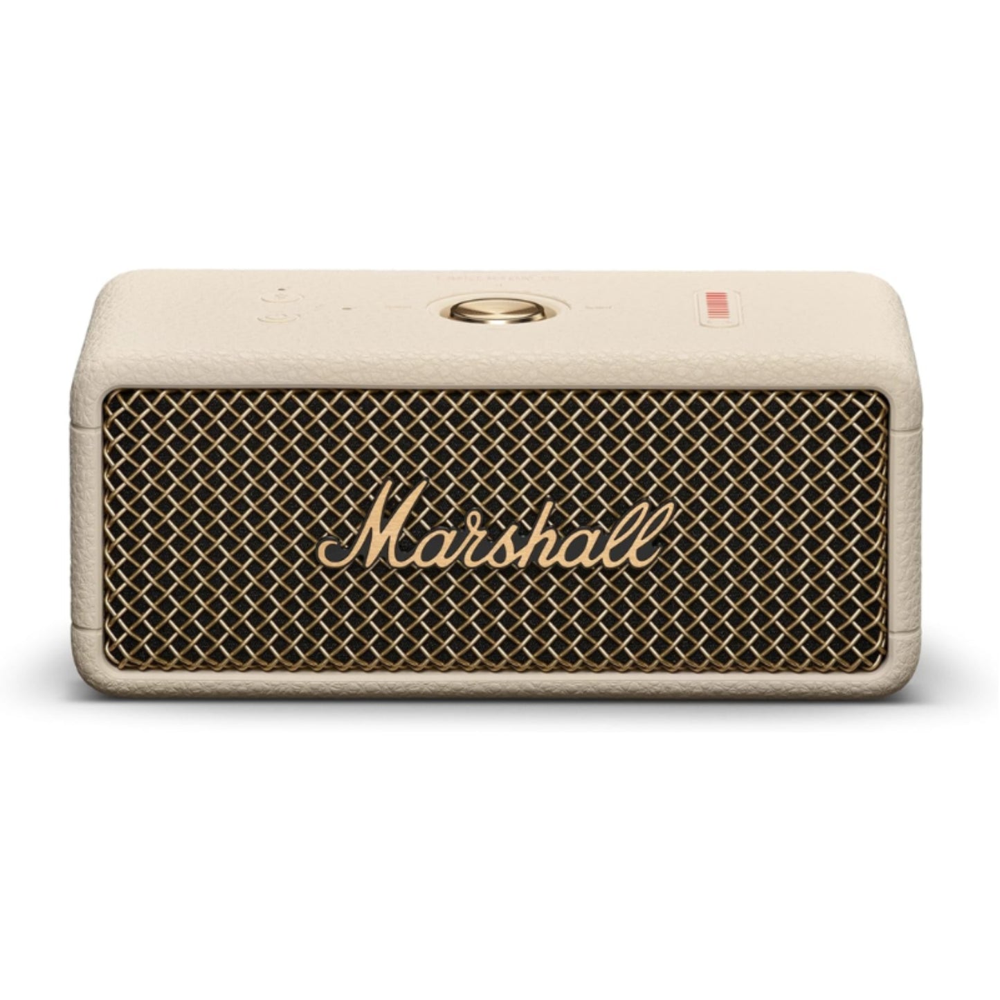 front view of cream color marshall emberton 3 portable speaker