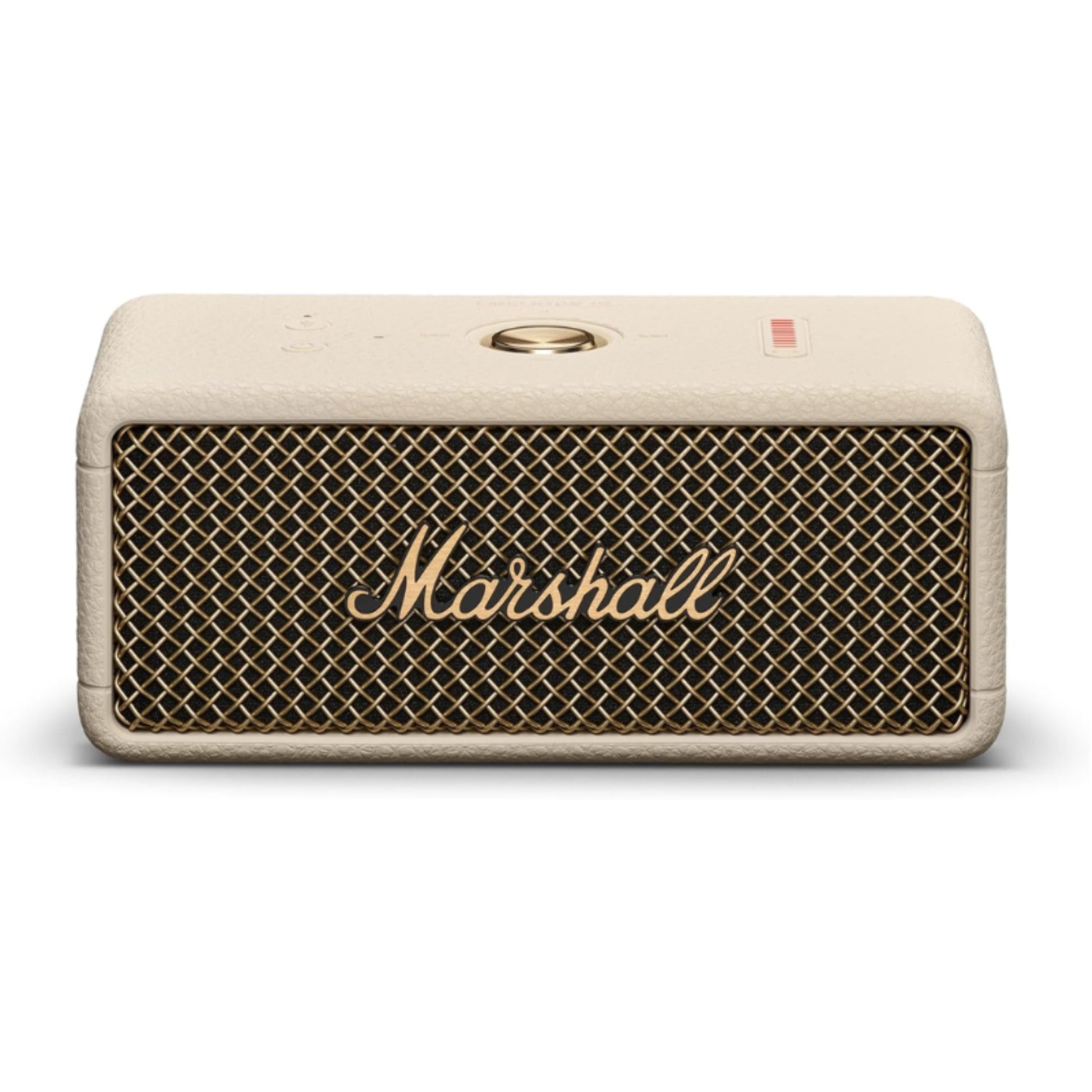 front view of cream color marshall emberton 3 portable speaker