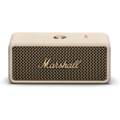 front view of cream color marshall emberton 3 portable speaker