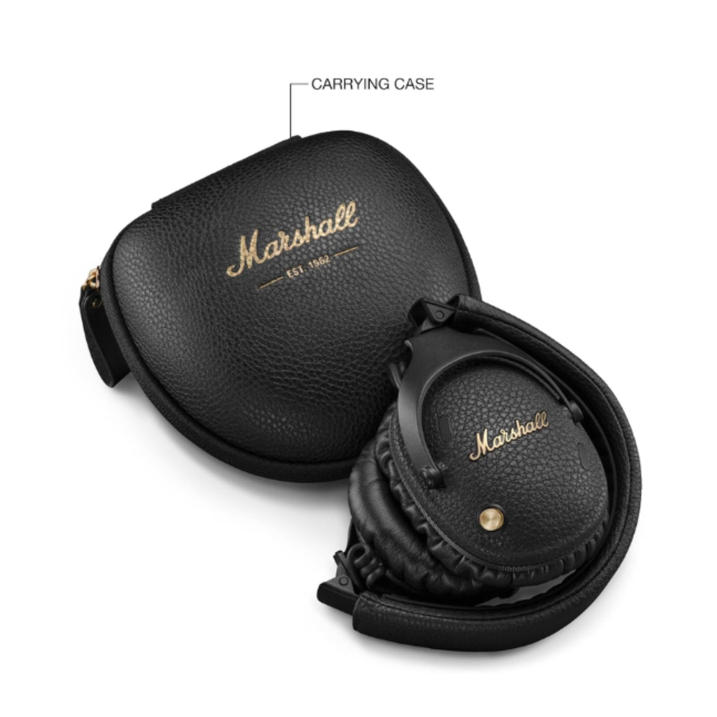 marshall monitor 3 headphones and the carrying case side by side