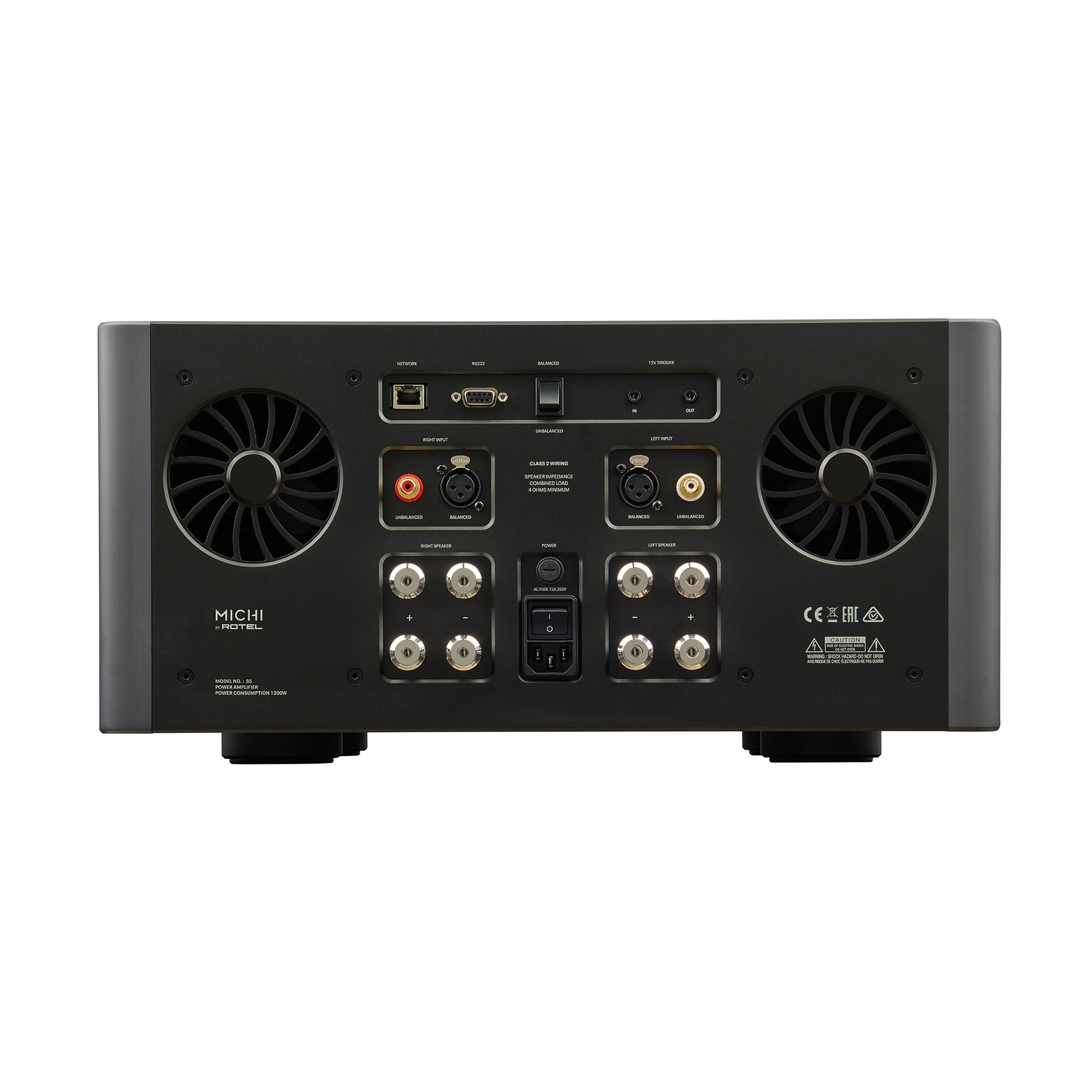 Back view of a black audio equipment unit with various ports and labels on a white background