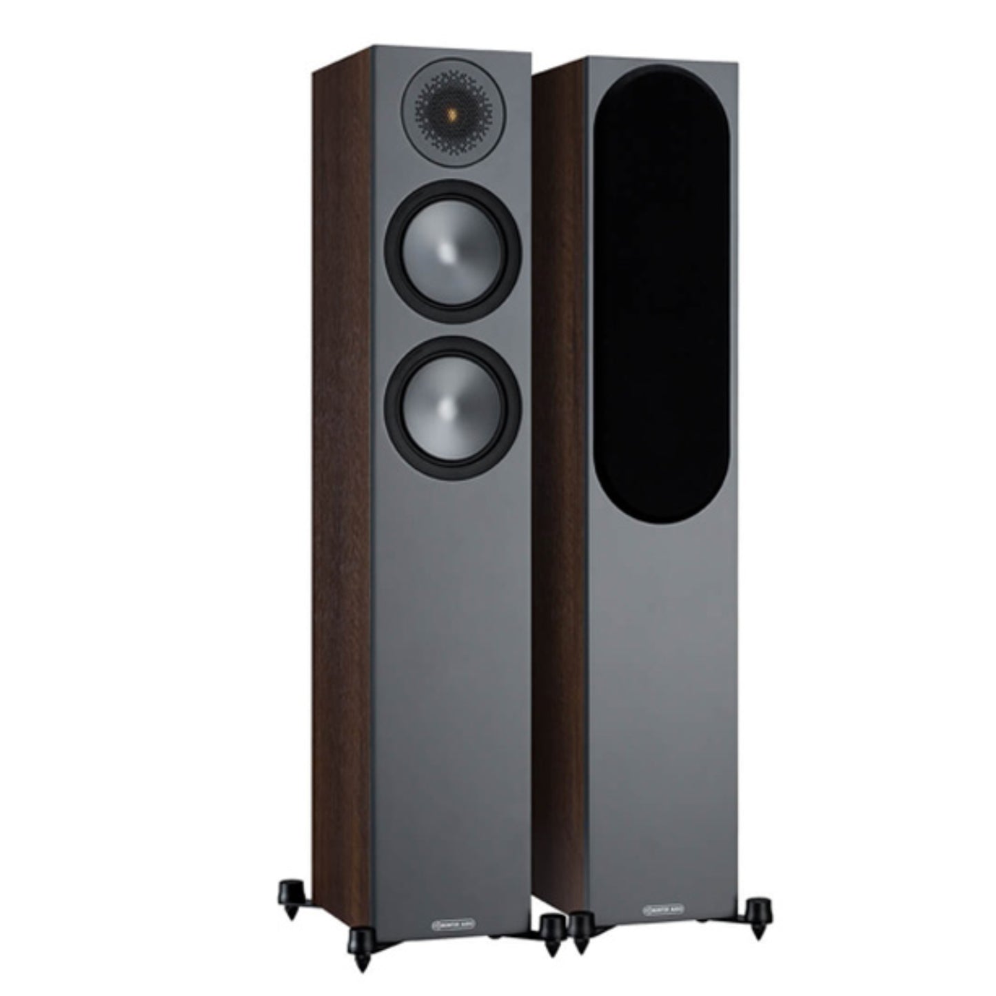 Pair of floor-standing speakers on a white background