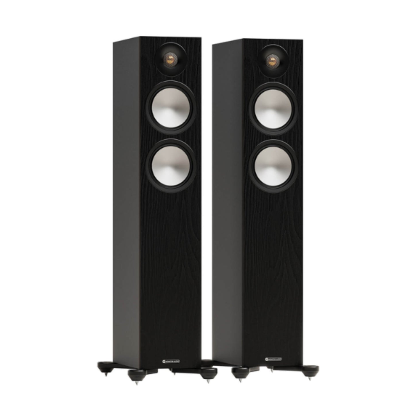 pair of monitor audio bronze 300 7g floorstanding speakers in black color