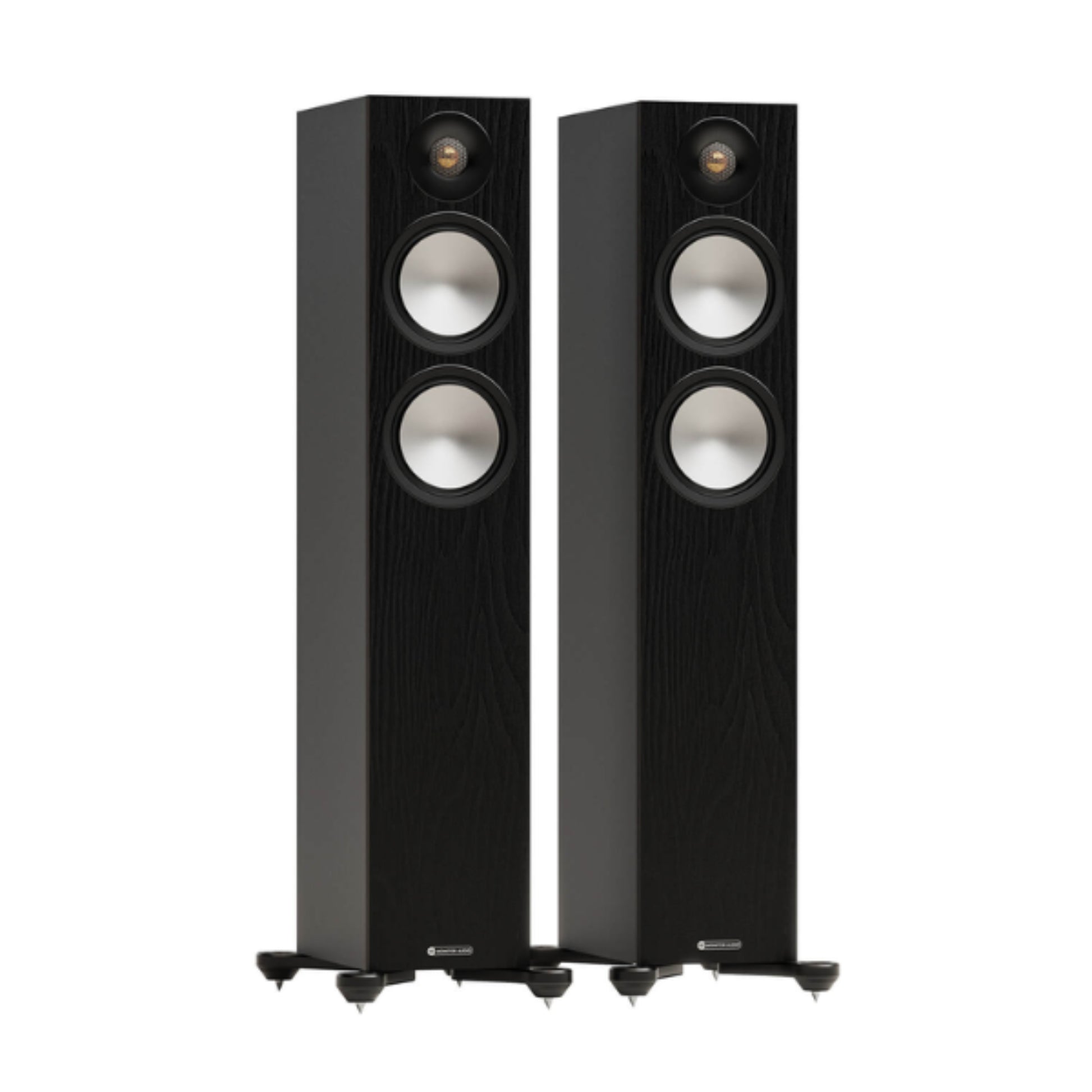 pair of monitor audio bronze 300 7g floorstanding speakers in black color