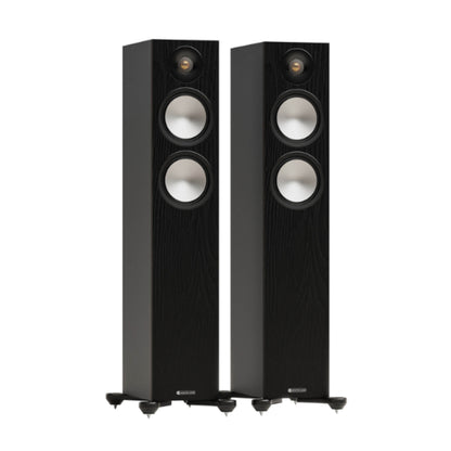 pair of monitor audio bronze 300 7g floorstanding speakers in black color