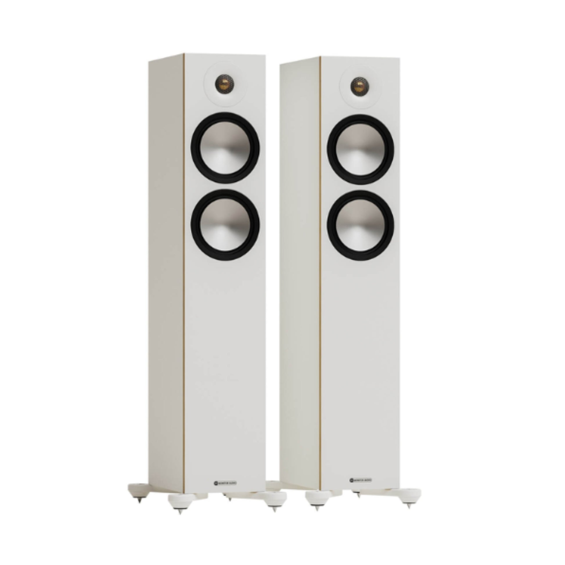 pair of monitor audio bronze 300 7g tower speakers in white color