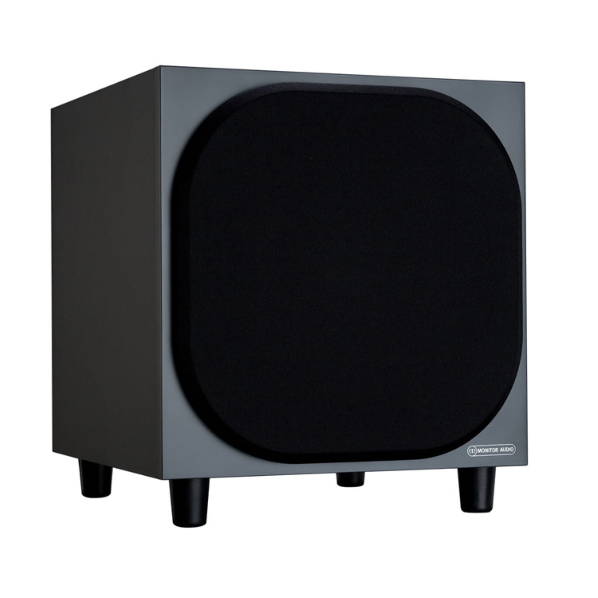 angled front view of Monitor Audio Bronze W10 6G 10" Subwoofer in black
