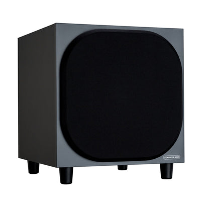angled front view of Monitor Audio Bronze W10 6G 10" Subwoofer in black