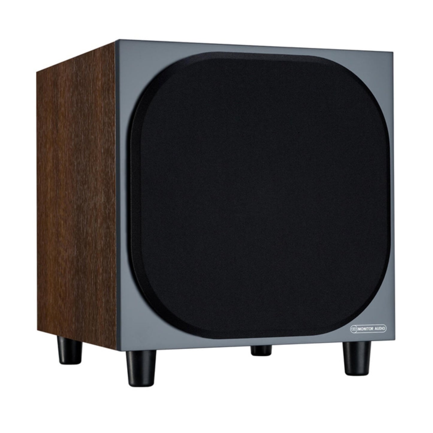 angled front view of monitor audio bronze w10 6g subwoofer in walnut color