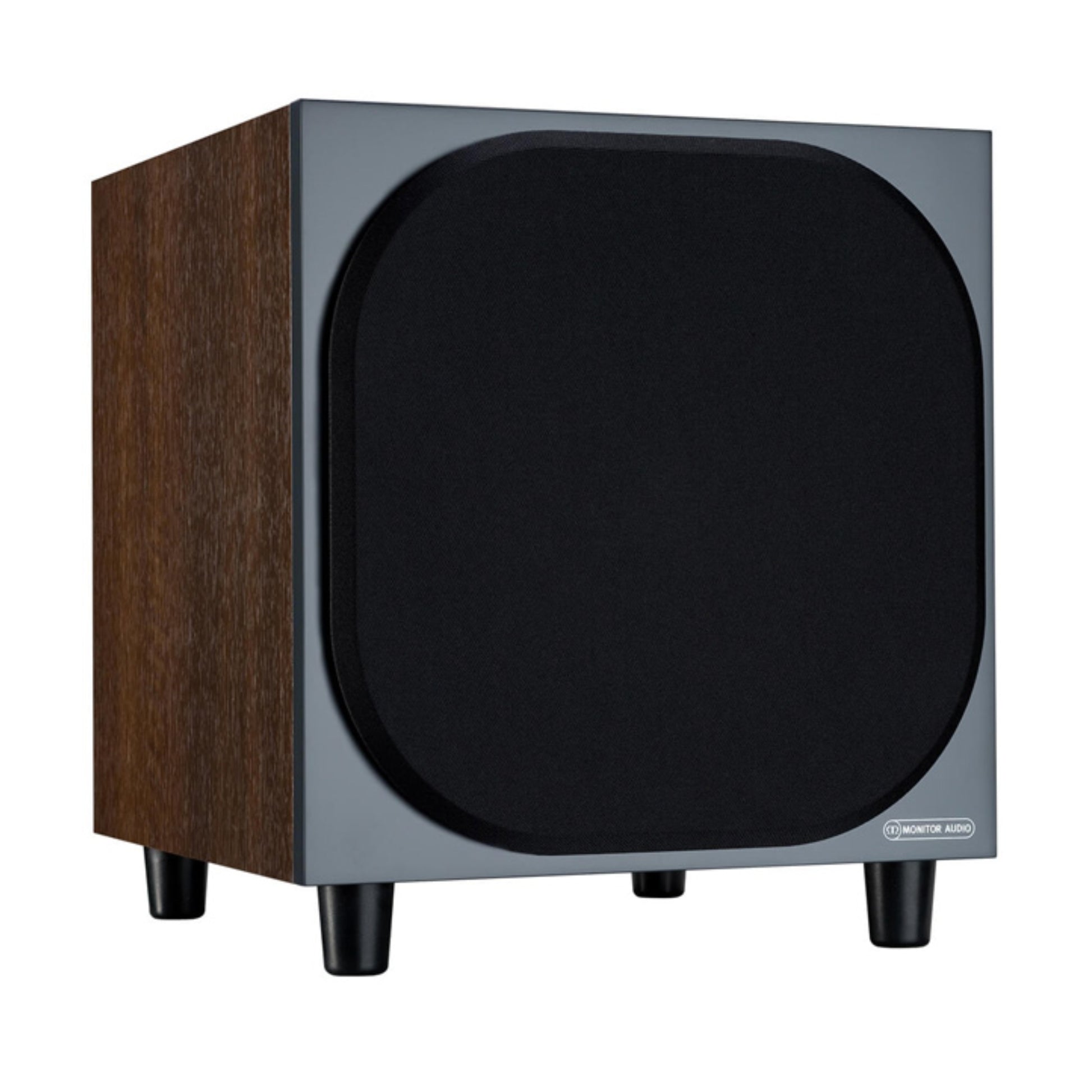 angled front view of monitor audio bronze w10 6g subwoofer in walnut color