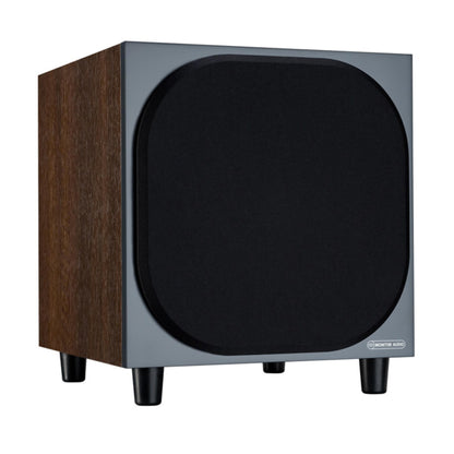 angled front view of monitor audio bronze w10 6g subwoofer in walnut color
