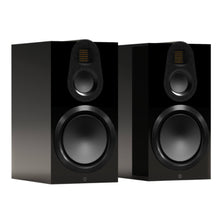 pair of monitor audio gold 100 6g bookshelf speakers in black color
