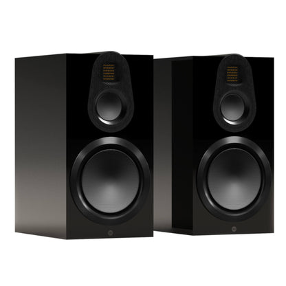 pair of monitor audio gold 100 6g bookshelf speakers in black color