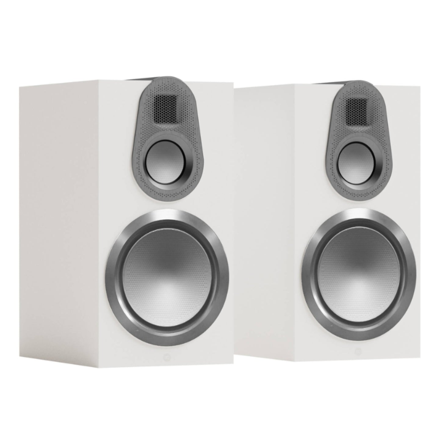 pair of monitor audio gold 100 6g bookshelf speakers in white color