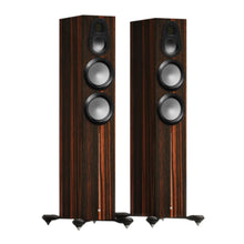 pair of monitor audio gold 300 6g floorstanding speakers in dark walnut