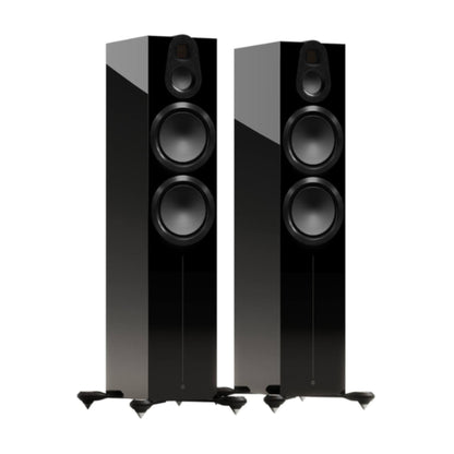 pair of monitor audio gold 500 6g floorstanding speakers in black