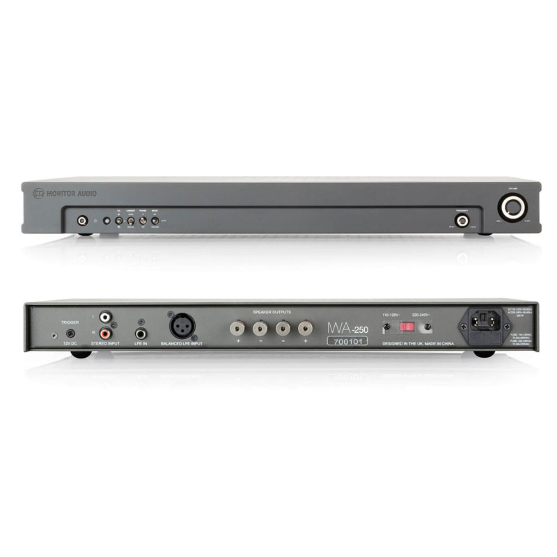 front and back view of monitor audio iwa-250 power amplifier in grey color on white background