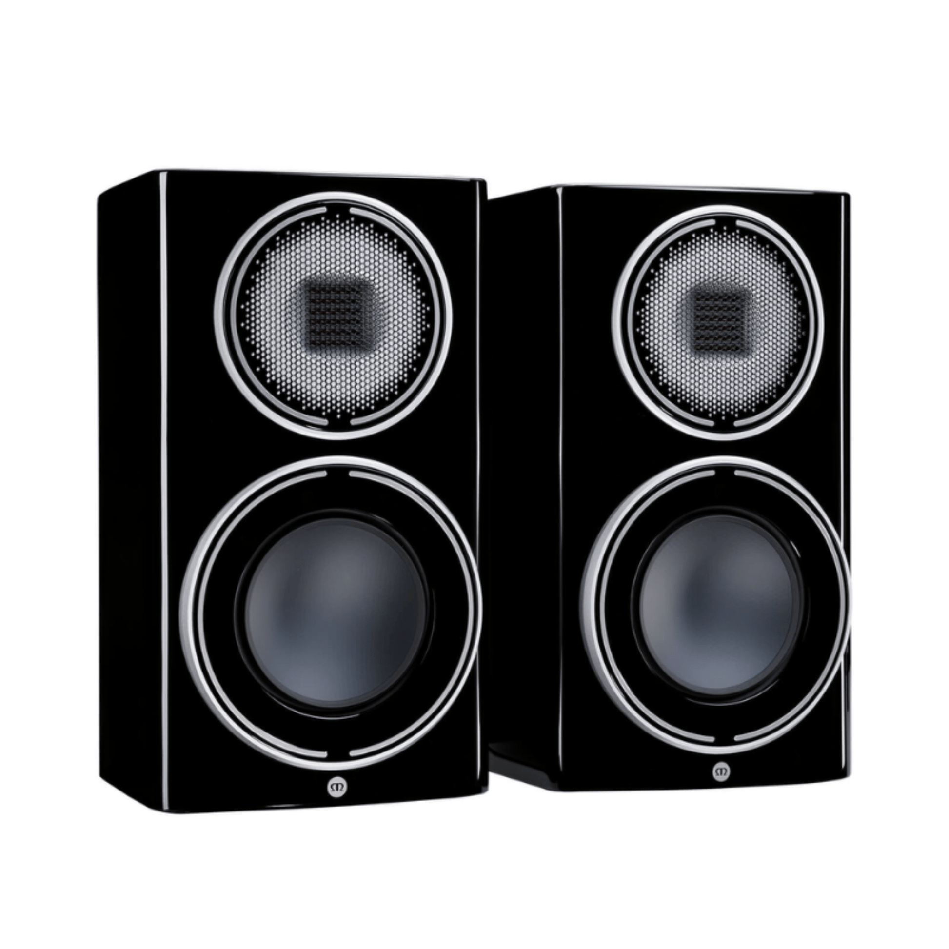 pair of monitor audio platinum 100 3g bookshelf speakers in black color