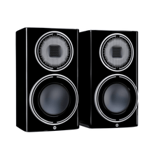 pair of monitor audio platinum 100 3g bookshelf speakers in black color