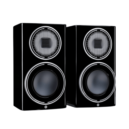 pair of monitor audio platinum 100 3g bookshelf speakers in black color
