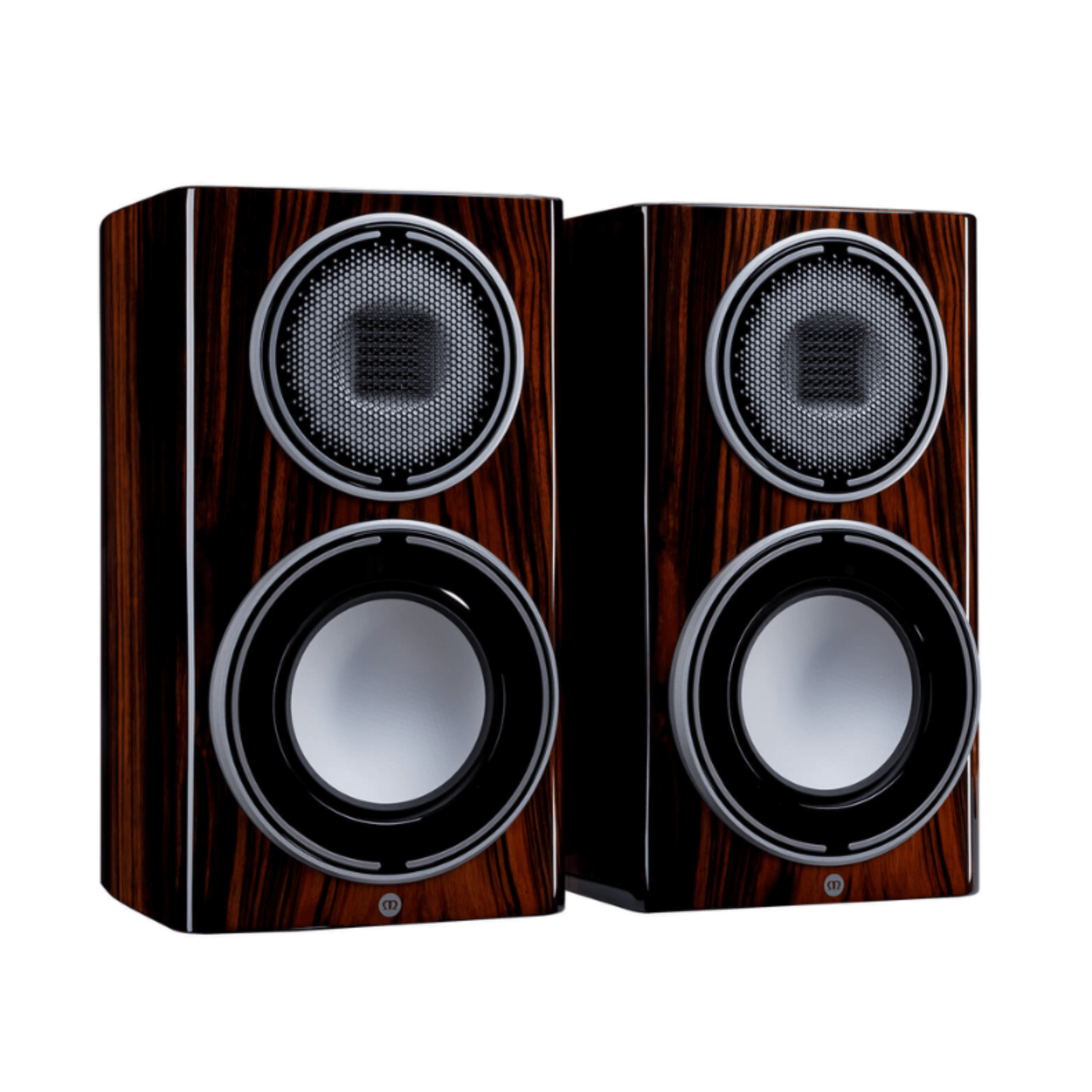 pair of monitor audio platinum 100 3g bookshelf speakers in piano ebony color