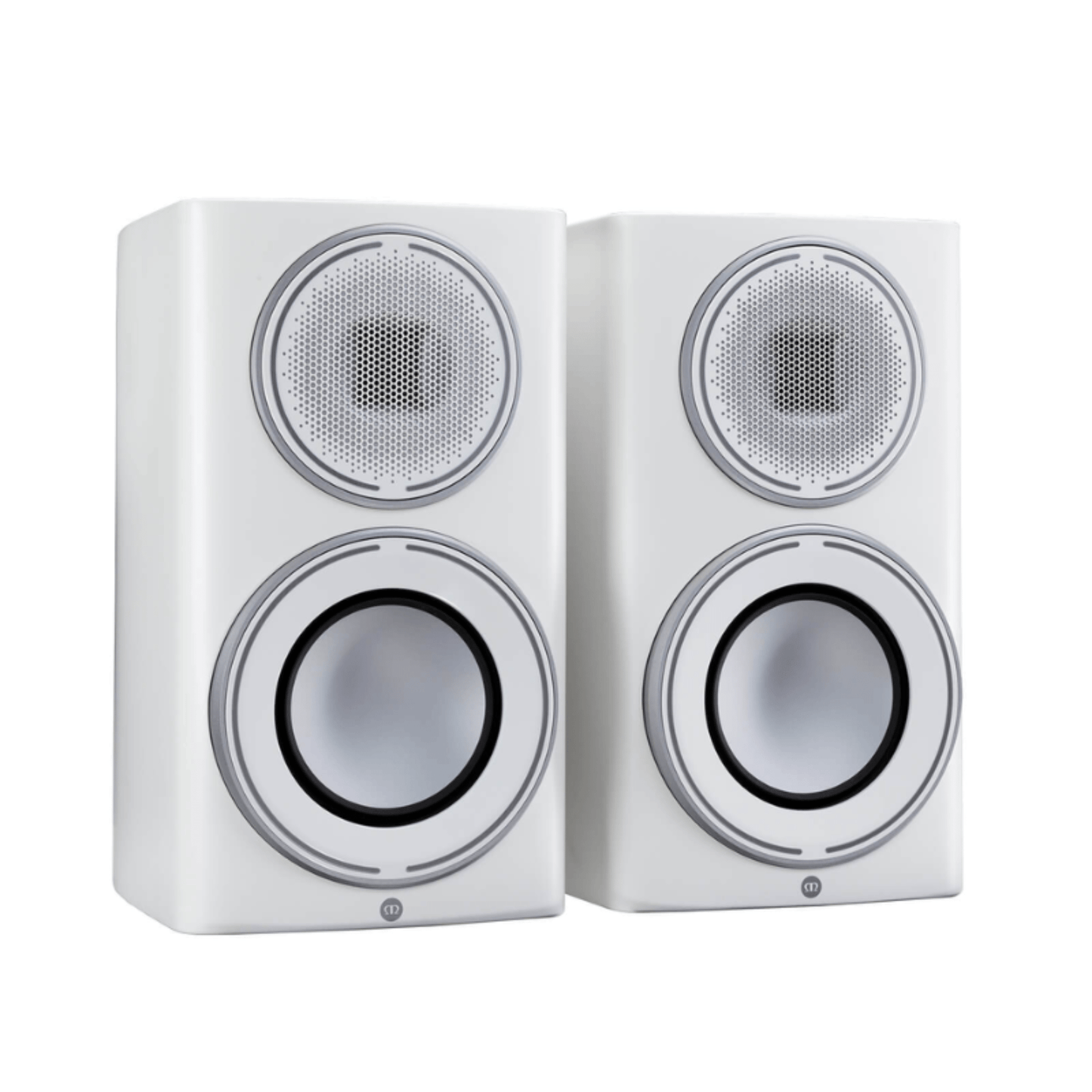 pair of monitor audio platinum 100 3g bookshelf speakers in white color