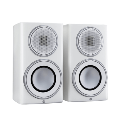 pair of monitor audio platinum 100 3g bookshelf speakers in white color