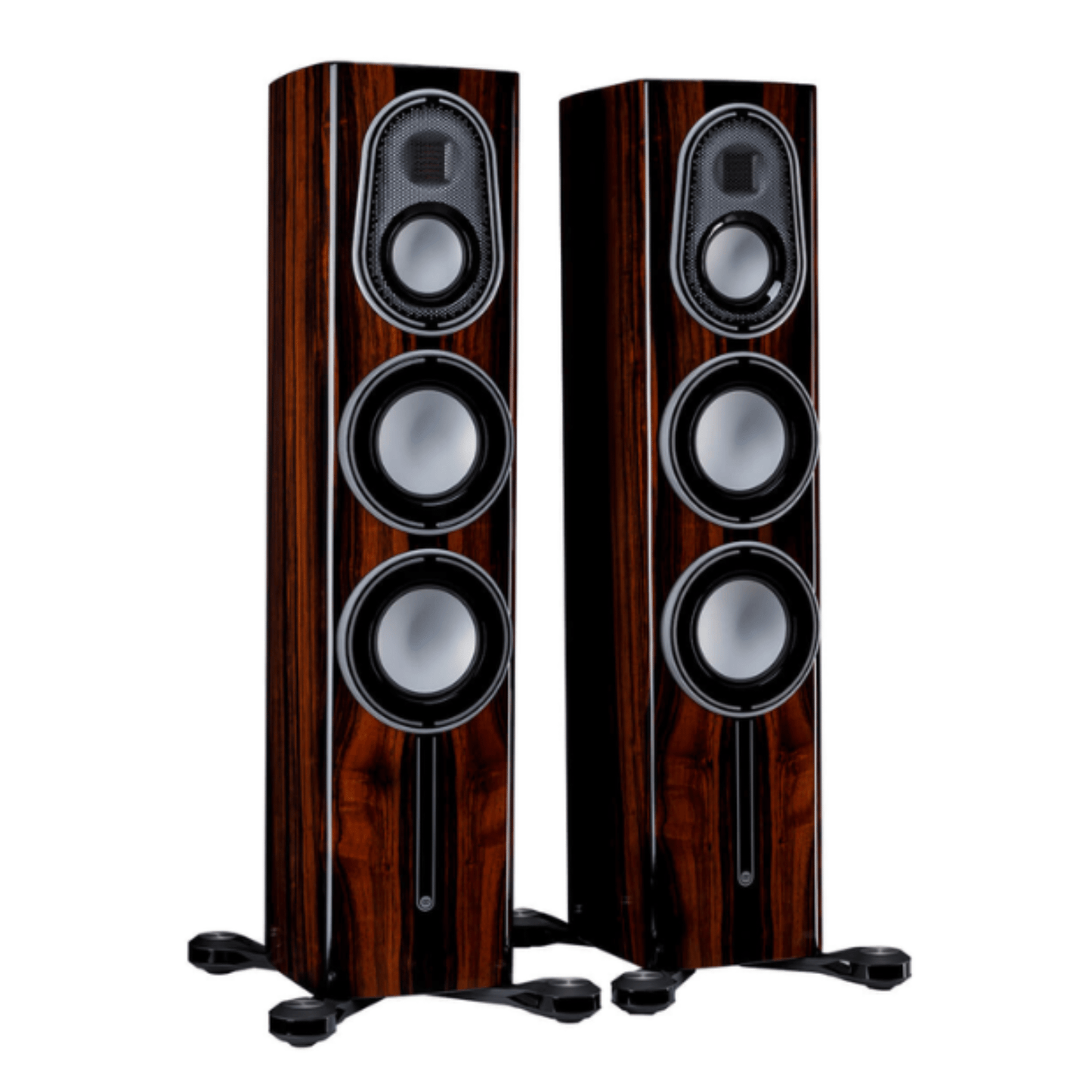 pair of monitor audio platinum 200 3g tower speakers in dark walnut