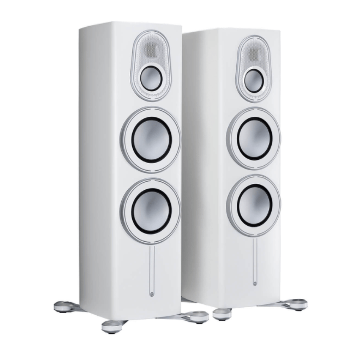 pair of monitor audio platinum 300 3g floorstanding speakers in white