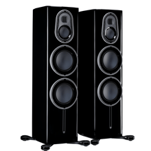 pair of monitor audio platinum 300 3g floorstanding speakers in black color
