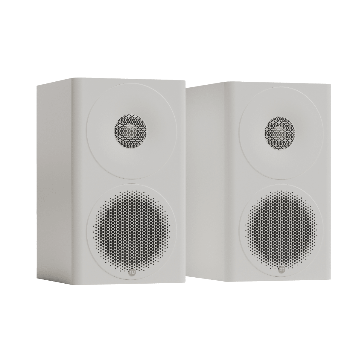 pair of white monitor audio radius 3 speakers