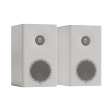 pair of white monitor audio radius 3 speakers