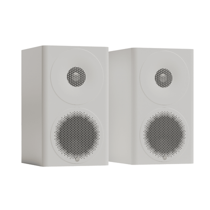 pair of white monitor audio radius 3 speakers
