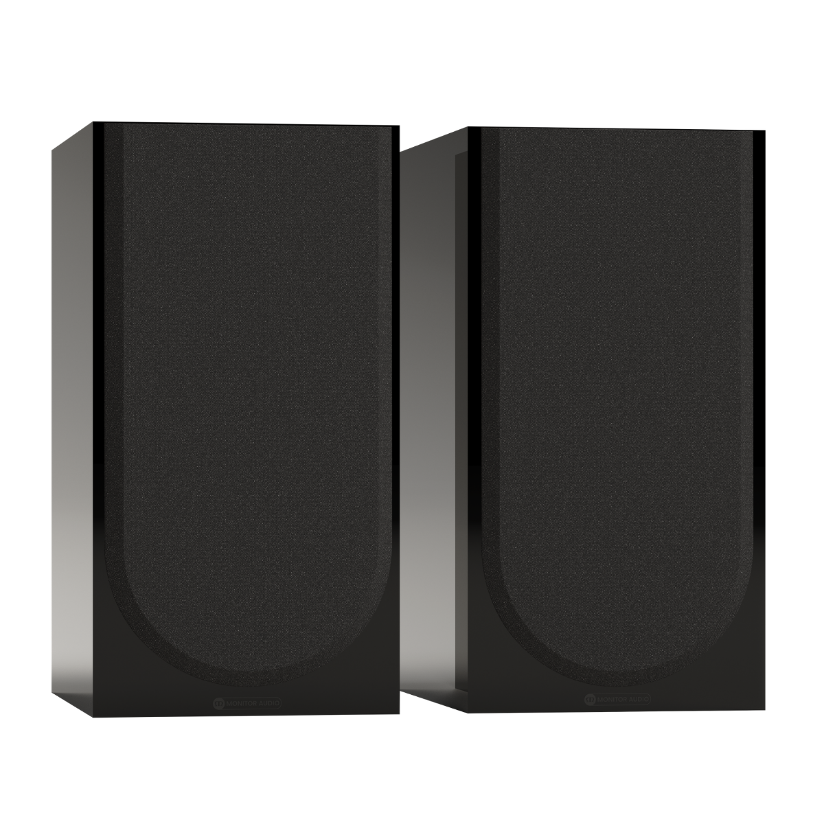 black pair of monitor audio silver 100 8g speakers witil grilles on