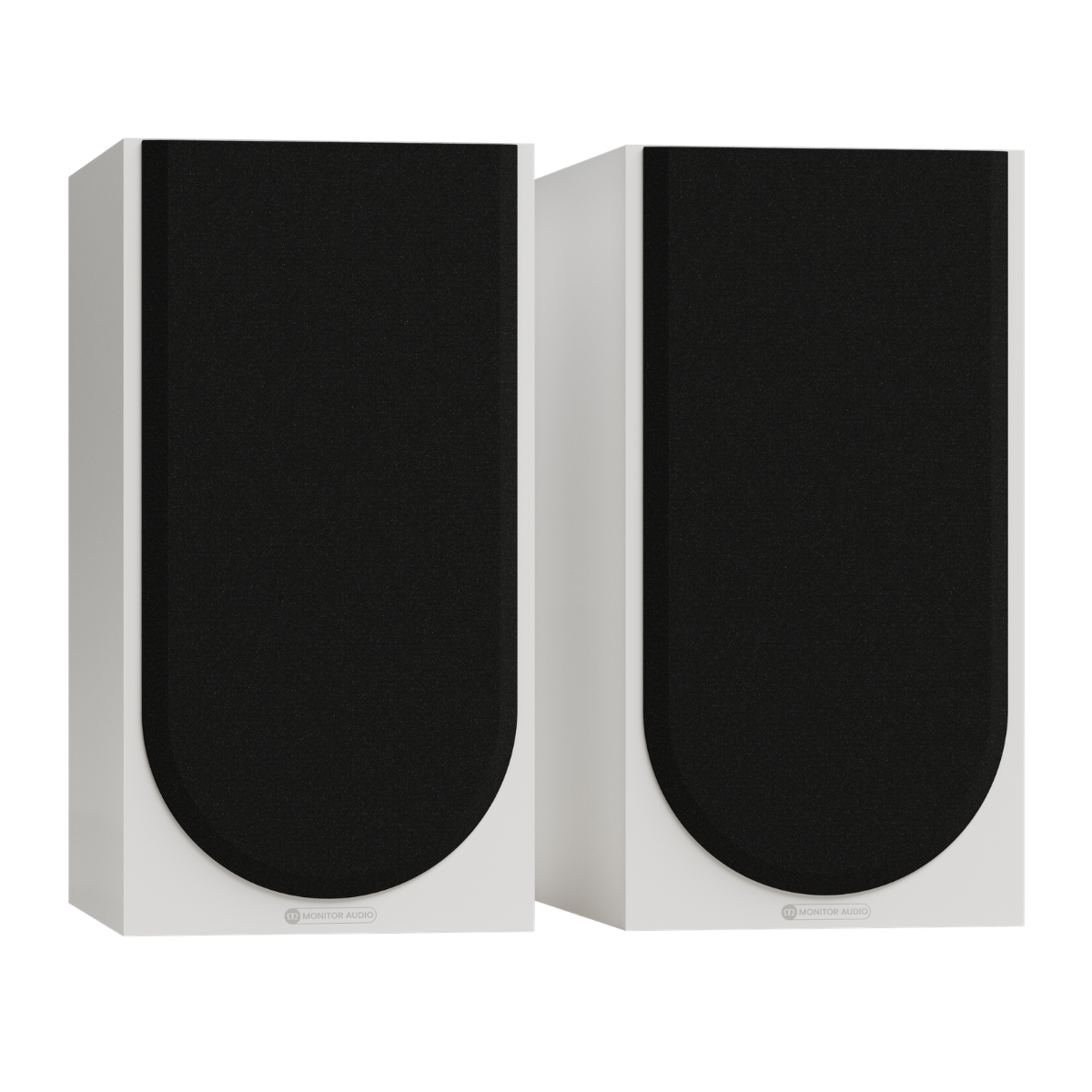 white pair of monitor audio silver 100 8g speakers witil grilles on