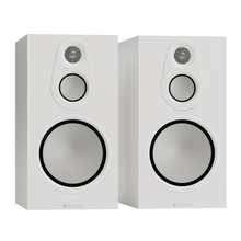pair of monitor audio silver 100 8g speakers in white