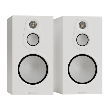 pair of monitor audio silver 100 8g speakers in white
