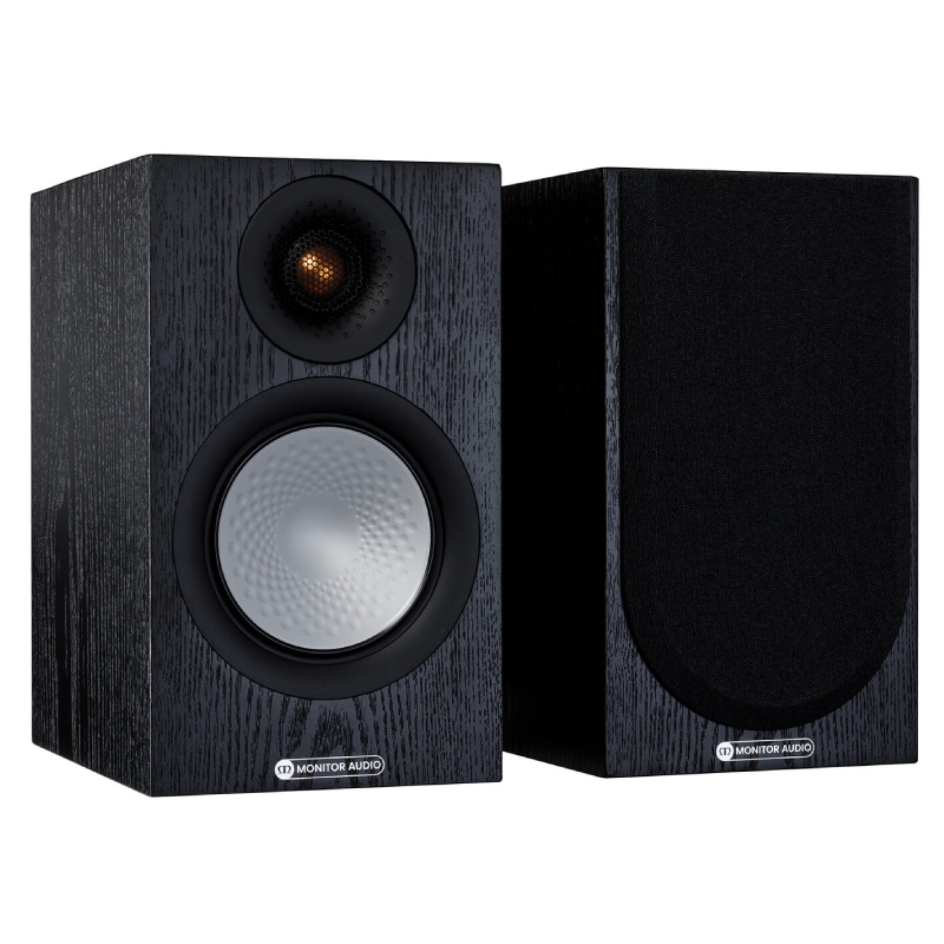 pair of Monitor Audio Silver Series 100 7G Bookshelf Speakers in black oak