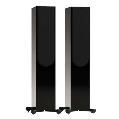 black pair of monitor audio silver 300 8g floorstanding speakers with grilles