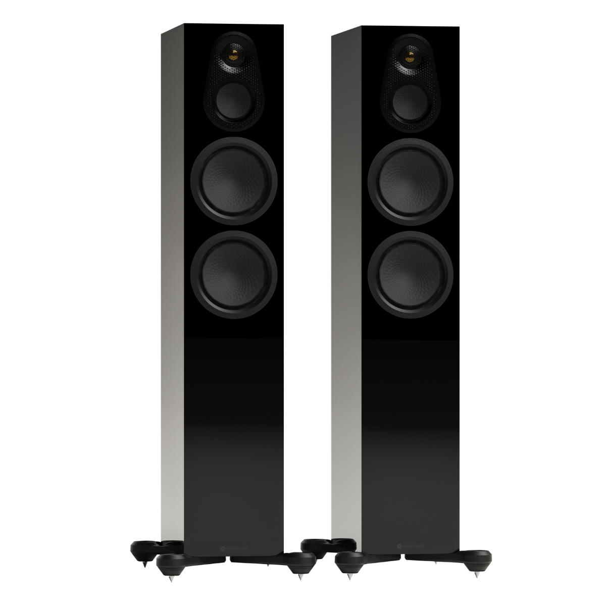 black pair of monitor audio silver 300 8g floorstanding speakers