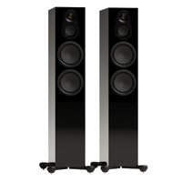 black pair of monitor audio silver 300 8g floorstanding speakers