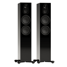 black pair of monitor audio silver 300 8g floorstanding speakers