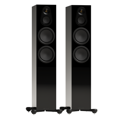 black pair of monitor audio silver 300 8g floorstanding speakers